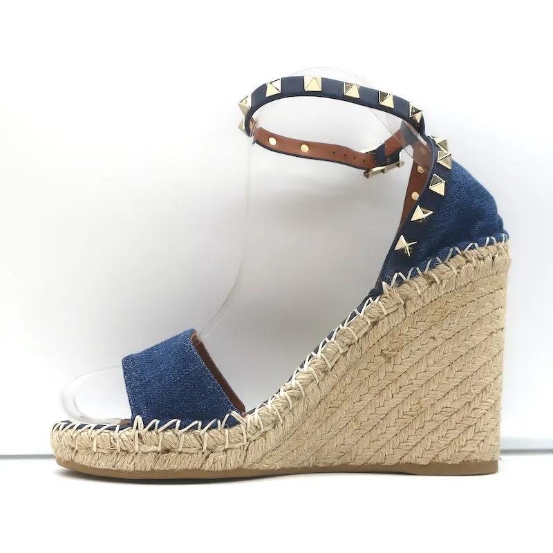 Valentino Escarpins Wedge Espadrille Rockstud en Denim Bleu Cuir Taille 36 NEUF