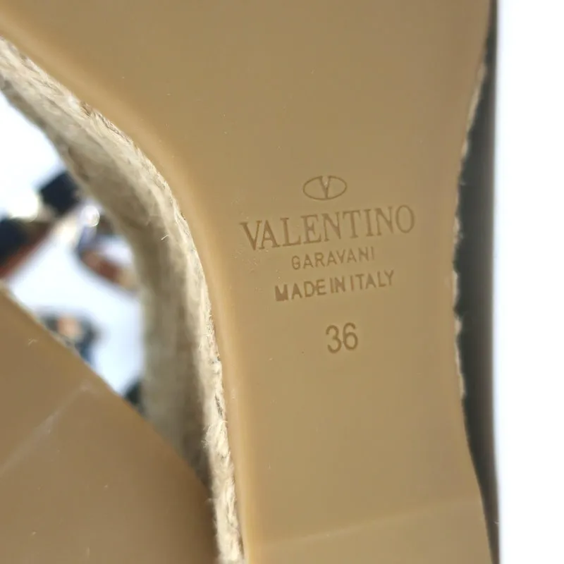 Valentino Escarpins Wedge Espadrille Rockstud en Denim Bleu Cuir Taille 36 NEUF