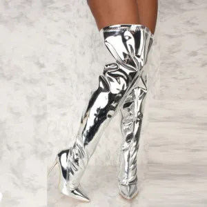 Bottes Femme Miroir Plateforme Bout Pointu Punk Talons Hauts Fins Genou Longues Bottes Automne Hiver Fermeture Éclair Argent Casual Chaussures de Soirée Fashion Nova Shoes