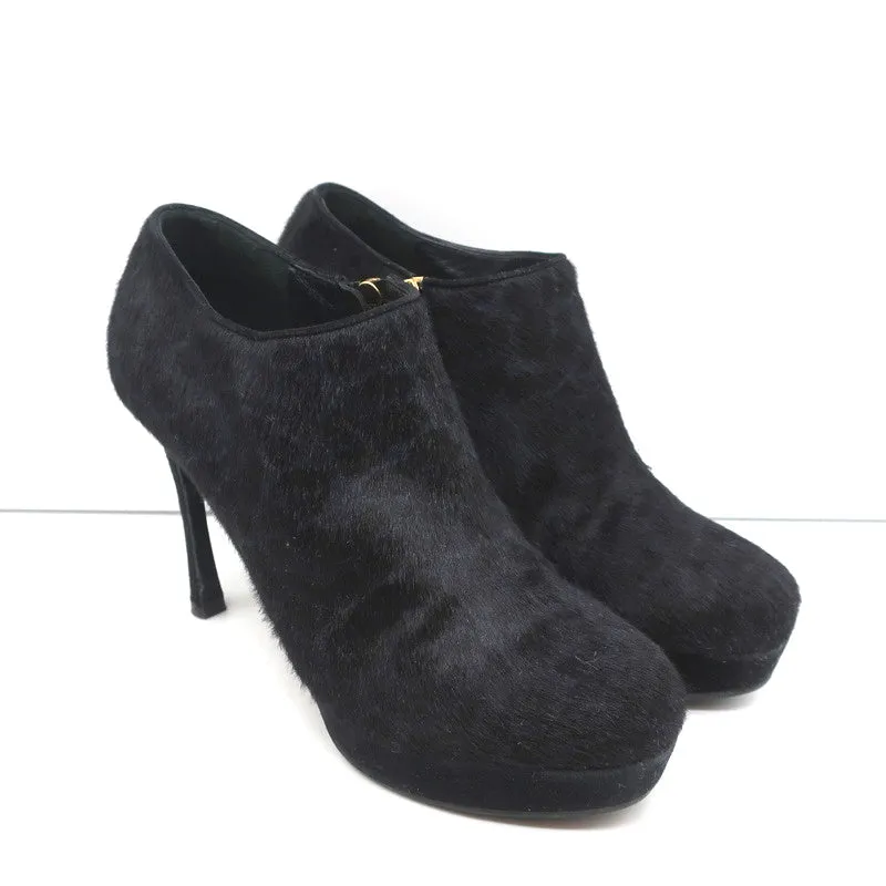 Bottines Plateforme Yves Saint Laurent Imitation Léopard Bleu Marine/Noir en Poil de Poney Taille 38